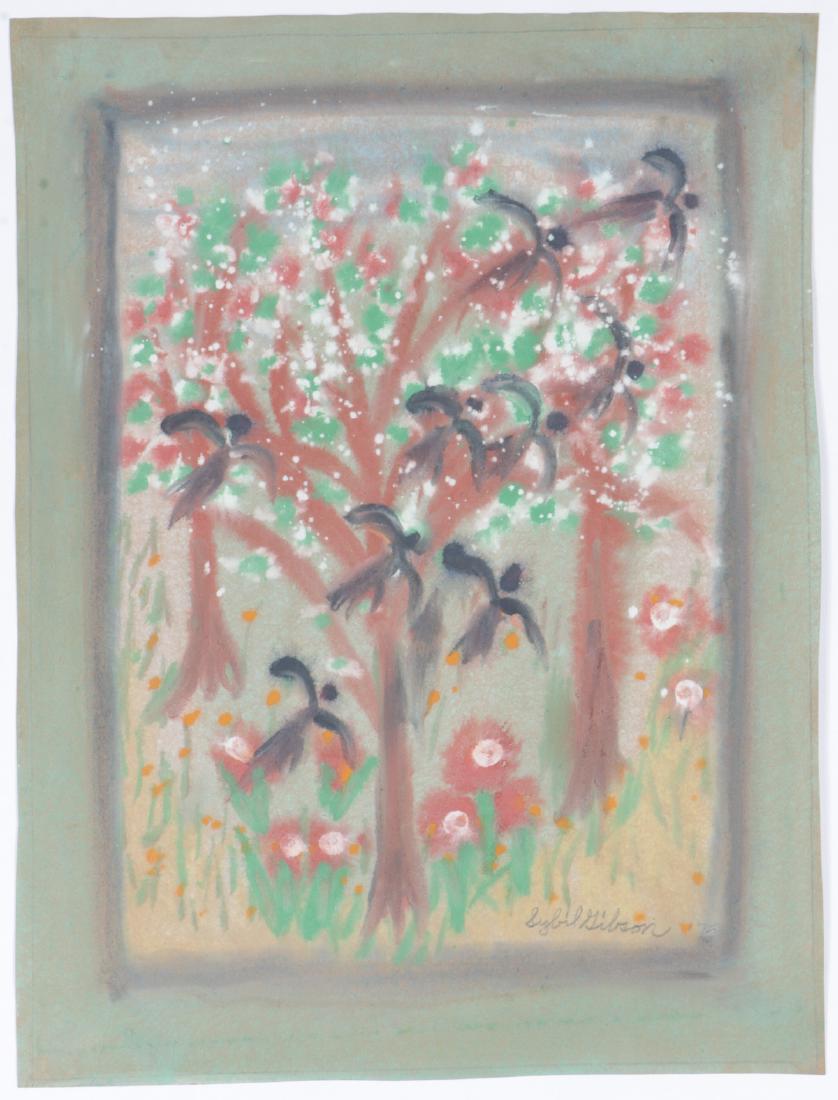 Sybil Gibson (1908-1995) Mixed Media, 1975, 24.75'' x: Sybil Gibson (American, 1908-1995) Birds in Trees. Mixed Media Painting on paper, 1975, signed. Unframed. Size: 24.75'' x 18.75'', 63 x 48 cm (sheet).
