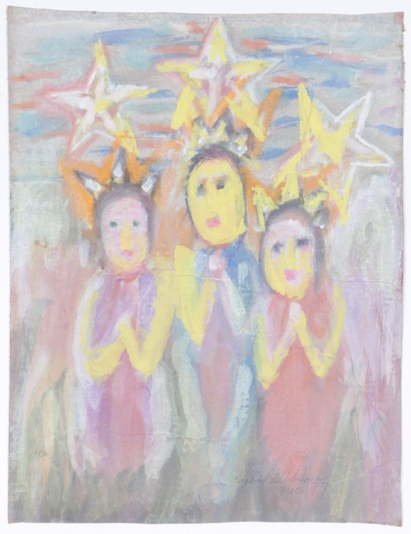 Sybil Gibson (1908-1995) Mixed Media, 1977, 24.5'' x: Sybil Gibson (American, 1908-1995) 3 Girls. Mixed Media Painting on paper, 1977, signed. Unframed. Size: 24.5'' x 18.5'', 62 x 47 cm (sheet).