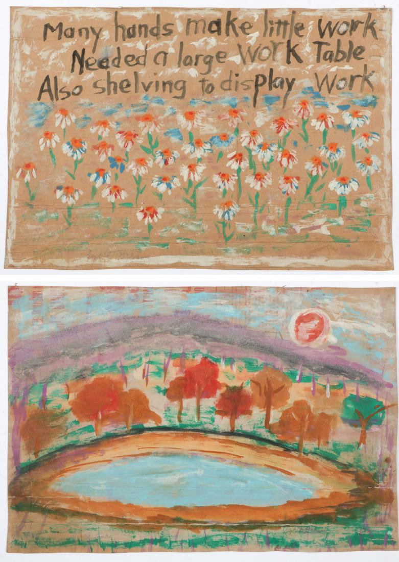 Sybil Gibson (1908-1995) Double-Sided Mixed Media,: Sybil Gibson (American, 1908-1995) Double-Sided Mixed Media Painting on paper, signed. Unframed. Size: 24.5'' x 36'', 62 x 91 cm (sheet). Inscribed: "Many hands make little work/Needed a large work Ta