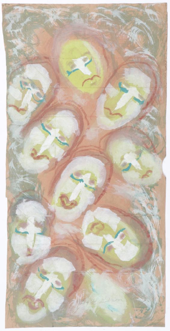 Sybil Gibson (1908-1995) Mixed Media, 38'' x 19'': Sybil Gibson (American, 1908-1995) Nine Faces, Mixed Media Painting on paper, signed. Unframed. Size: 38'' x 19'', 97 x 48 cm (sheet).