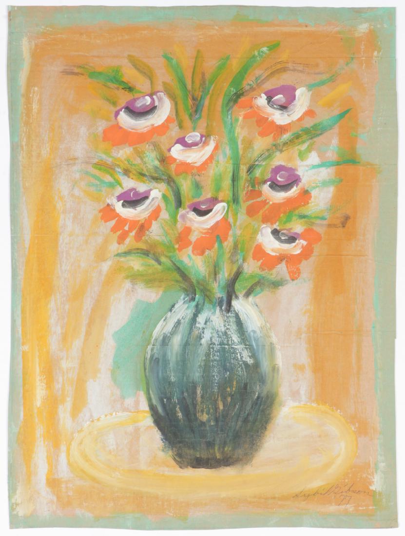 Sybil Gibson (1908-1995) Mixed Media, 1977, 24.5'' x: Sybil Gibson (American, 1908-1995) Vase of Flowers. Mixed Media Painting on paper, 1977, signed and inscribed verso. Unframed. Size: 24.5'' x 17.75'', 62 x 45 cm (sheet).