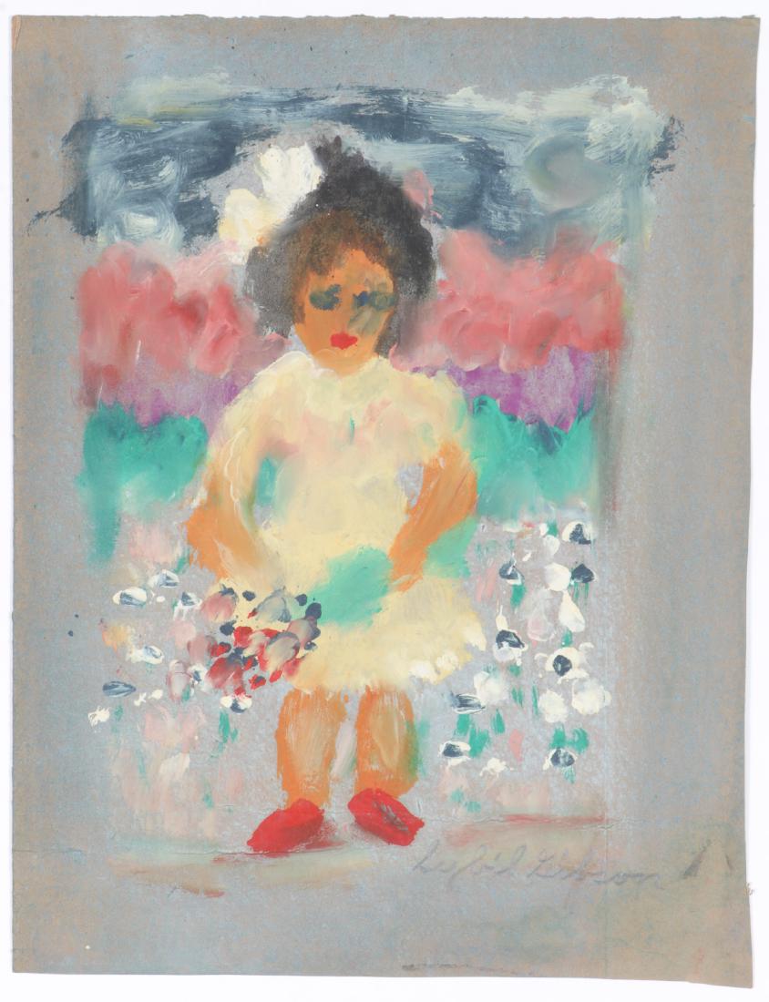 Sybil Gibson (1908-1995) Mixed Media, 18.25'' x 14'': Sybil Gibson (American, 1908-1995) Girl with Flowers. Mixed Media Painting on paper, signed. Unframed. Size: 18.25'' x 14'', 46 x 36 cm (sheet).