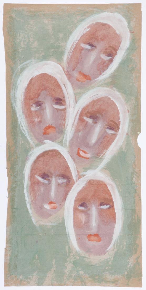 Sybil Gibson (1908-1995) Mixed Media, 1987, 38.25'' x: Sybil Gibson (American, 1908-1995) 5 Faces. Mixed Media Painting on paper, 1987, signed. Unframed. Size: 38.25'' x 18.5'', 97 x 47 cm (sheet).