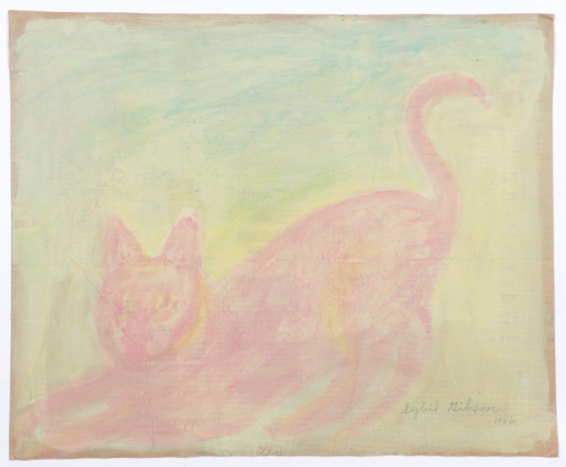 Sybil Gibson (1908-1995) "The Cat", 1986, 25.75'' x: Sybil Gibson (American, 1908-1995) "The Cat", 1986, Mixed Media Painting on paper, signed. Unframed. Size: 25.75'' x 31.25'', 65 x 79 cm (sheet).