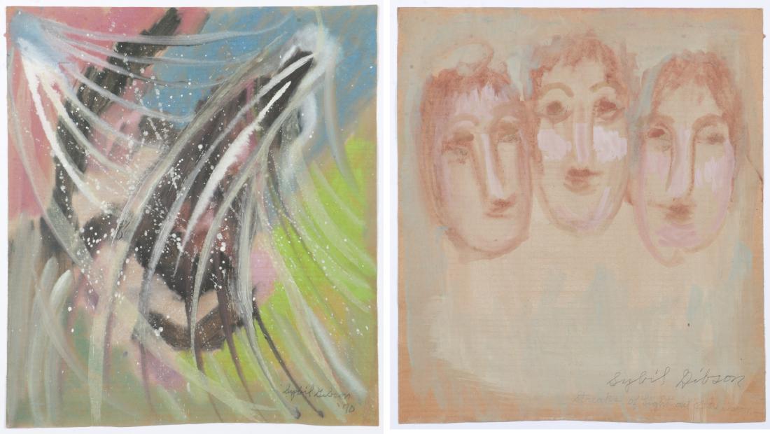 Sybil Gibson (1908-1995) Double-Sided Mixed Media,: Sybil Gibson (American, 1908-1995) Double-Sided Mixed Media Painting on paper, 1970, signed. Unframed. Size: 22.25'' x 19.75'', 57 x 50 cm (sheet).