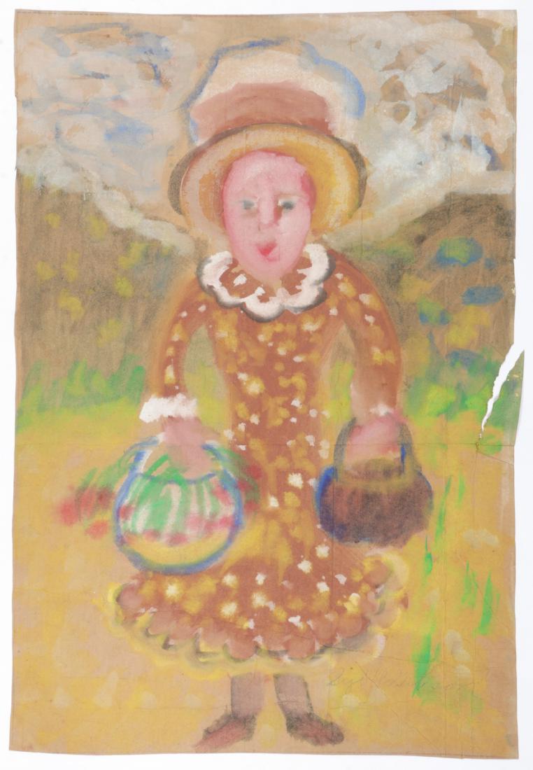 Sybil Gibson (1908-1995) Mixed Media, 36'' x 24.25'': Sybil Gibson (American, 1908-1995) Portrait of a Woman Holding Baskets. Mixed Media Painting on paper, signed. Unframed. Tear on right side. Size: 36'' x 24.25'', 91 x 62 cm (sheet).