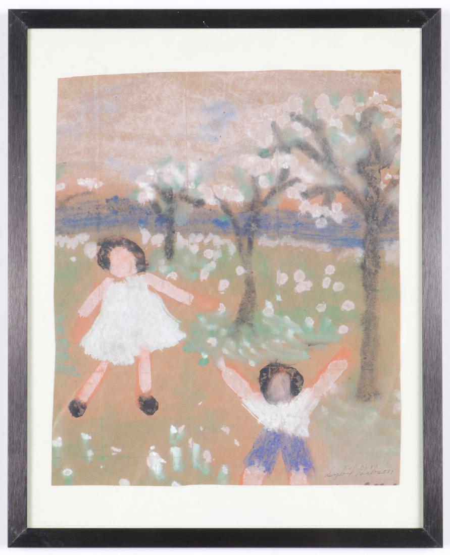 Sybil Gibson (1908-1995) Mixed Media, 16'' x 13.25'': Sybil Gibson (American, 1908-1995) Children at Play. Mixed Media Painting on paper, signed. Framed. Size: 16'' x 13.25'', 41 x 34 cm (sheet); 20.5'' x 16.5'', 52 x 42 cm (frame).