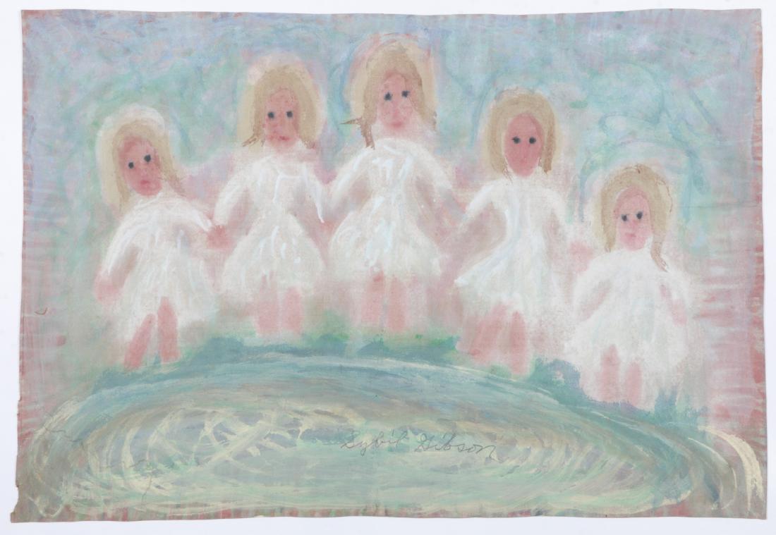 Sybil Gibson (1908-1995) Mixed Media, 24.5'' x 35.75'': Sybil Gibson (American, 1908-1995) 5 Girls Holding Hands. Mixed Media Painting on paper, signed. Unframed. Size: 24.5'' x 35.75'', 62 x 91 cm (sheet).