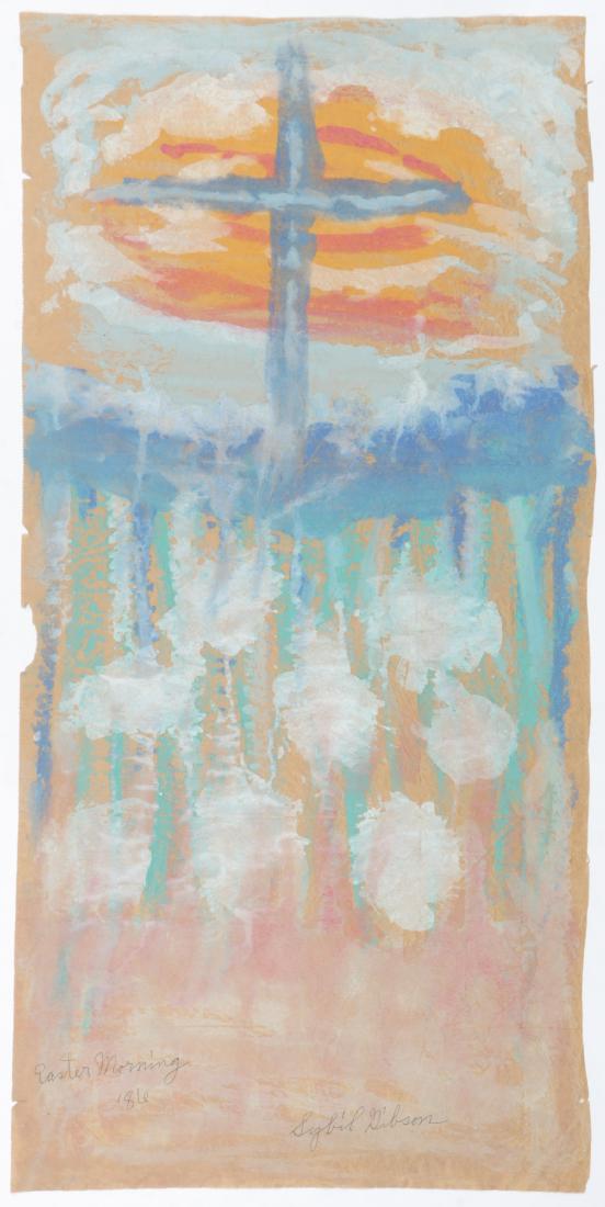 Sybil Gibson (1908-1995) "Easter Morning", 1986, 38.5'': Sybil Gibson (American, 1908-1995) "Easter Morning", 1986, Mixed Media Painting on paper, signed. Unframed. Size: 38.5'' x 18.75'', 98 x 48 cm (sheet).