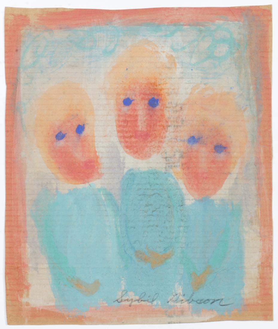 Sybil Gibson (1908-1995) Mixed Media, 15'' x 12.75'',: Sybil Gibson (American, 1908-1995) 3 Girls in Blue Dress. Mixed Media Painting on paper, signed. Unframed. Size: 15'' x 12.75'', 38 x 32 cm (sheet).