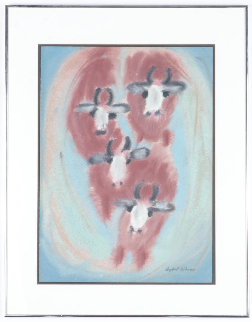 Sybil Gibson (1908-1995) Cows, 24.25'' x 18'': Sybil Gibson (American, 1908-1995) 4 Cows, Mixed Media Painting on paper, signed. Framed. Size: 24.25'' x 18'', 62 x 46 cm (sight); 32.25'' x 25.25'', 82 x 64 cm (frame).