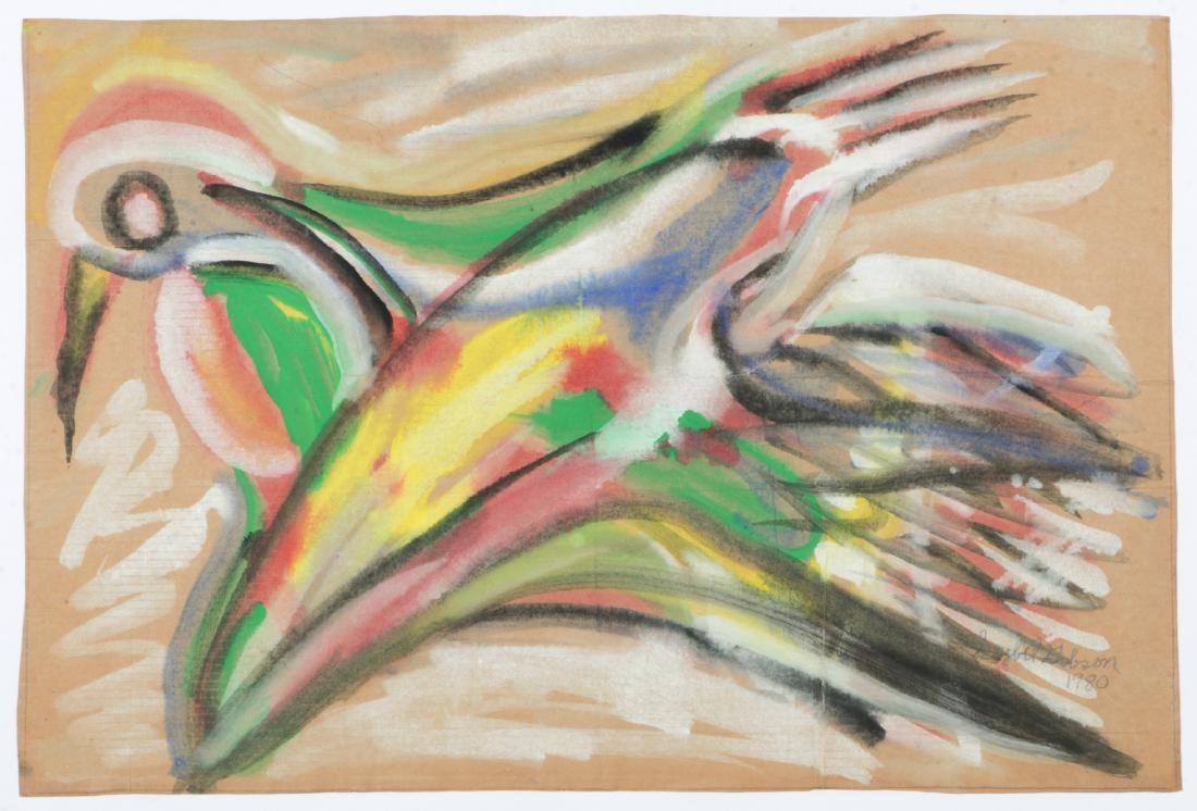 Sybil Gibson (1908-1995) Mixed Media, 1980, 24.5'' x: Sybil Gibson (American, 1908-1995) Bird in Flight. Mixed Media Painting on paper, 1980, signed. Unframed. Size: 24.5'' x 36.25'', 62 x 92 cm (sheet).