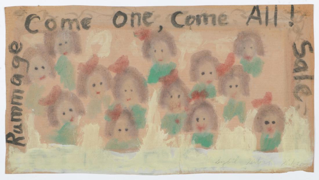 Sybil Gibson (1908-1995) "Come One, Come All! Rummage: Sybil Gibson (American, 1908-1995) "Come One, Come All! Rummage Sale", Mixed Media Painting on paper, signed. Unframed. Size: 20.25'' x 36.75'', 51 x 93 cm (sheet).