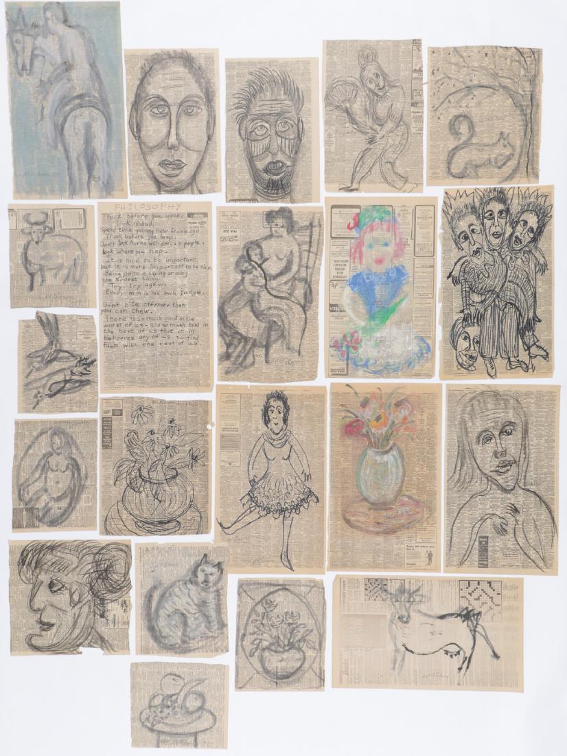 Sybil Gibson (1908-1995) 21 Mixed Media Works on: Sybil Gibson (American, 1908-1995) 21 Mixed Media Works on Newsprint Paper, signed. Unframed. Size: Ranging in size from 23.75'' x 14.25'', 60 x 36 cm (sheet) to 10.25'' x 12'', 26 x 30 cm (sheet).