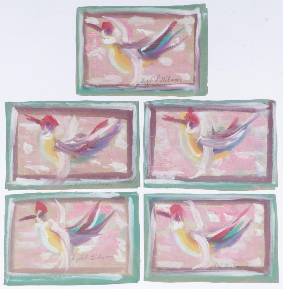 Sybil Gibson (1908-1995) 5 Mixed Media Paintings: Sybil Gibson (American, 1908-1995) 5 Mixed Media Paintings on paper, 4 of 5 signed. Unframed. Size: 10.75'' x 15.75'', 27 x 40 cm (each sheet).