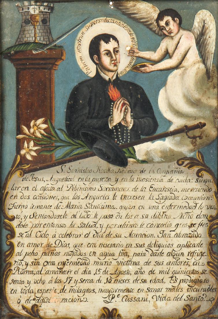 Antique San Stanislao Retablo Painting: Antique San Stanislao Retablo Painting, oil on tin. Size: 10'' x 7'', 25 x 18 cm (tin); 11.5'' x 8.5'', 29 x 22 cm (frame). Provenance: Ex. Collection of Pedro Friedeberg.