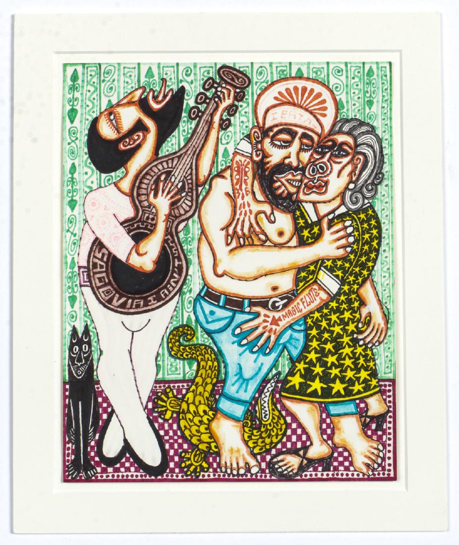 Rex Clawson (1929-2007) "Pavarotti and the Elderly: Rex Clawson (American, 1929-2007). "Pavarotti and the Elderly Tattooed Groupie". Marker and ink on paper. Titled verso. Matted. Size: 11.5'' x 9'', 29 x 23 cm (sheet); 14'' x 11.75'', 36 x 30 cm (mat)