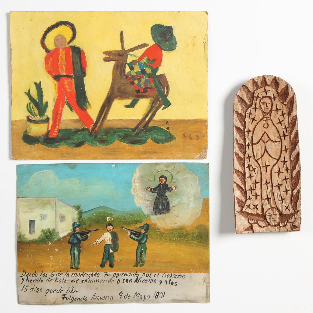 3pc Mexican (20th c.) Retablo Grouping: 3pc Mexican (20th c.) Retablo Grouping. Ranging in size from: 9.5'' x 4'' (24 x 10 cm) to 9'' x 12'' (23 x 30 cm).
