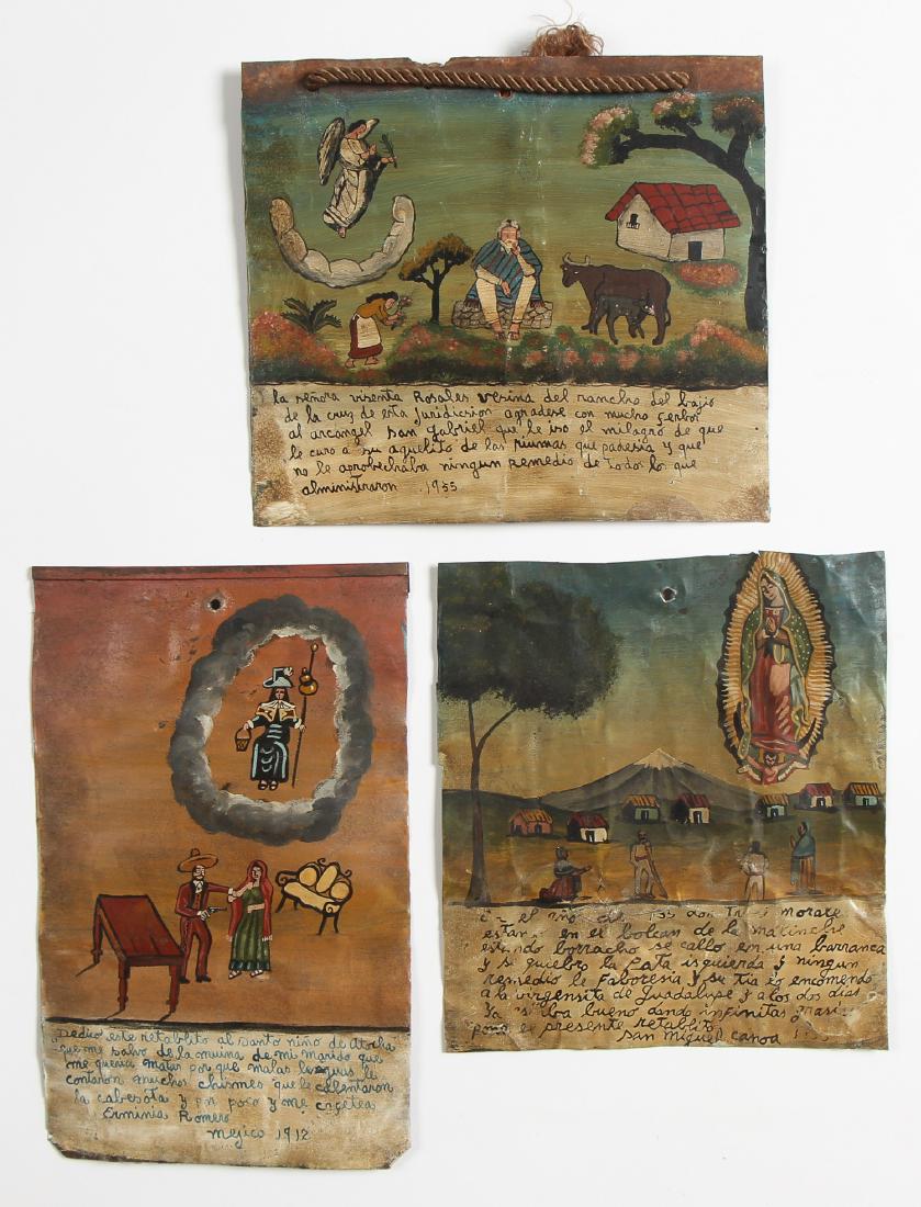 Group of 3 Mexican (20th c.) Retablos: Group of 3 Mexican (20th c.) Retablos, each oil on tin. Largest size: 12.25'' x 7.5'', 31 x 19 cm (metal).
