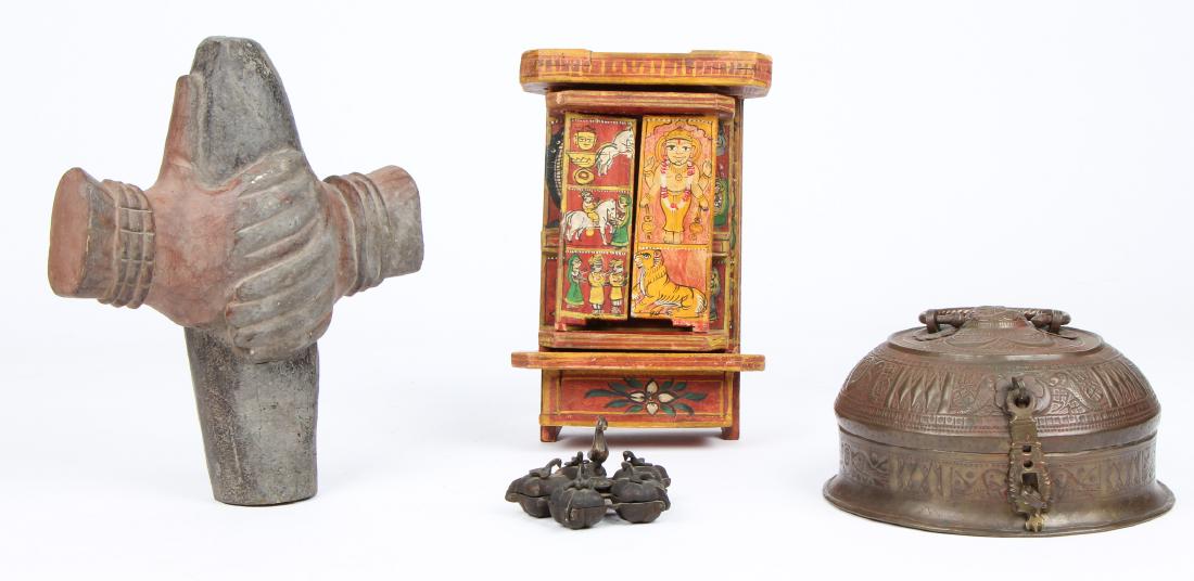 Group of Ethnographic Artifacts: Group of Ethnographic Artifacts, including 1) Bronze Makeup Containers, Nepal, mid 20th c. 2) 13" antique solid wood hand carved cross, origin unknown but may be Spanish Colonial or Peruvian. 3) Woode