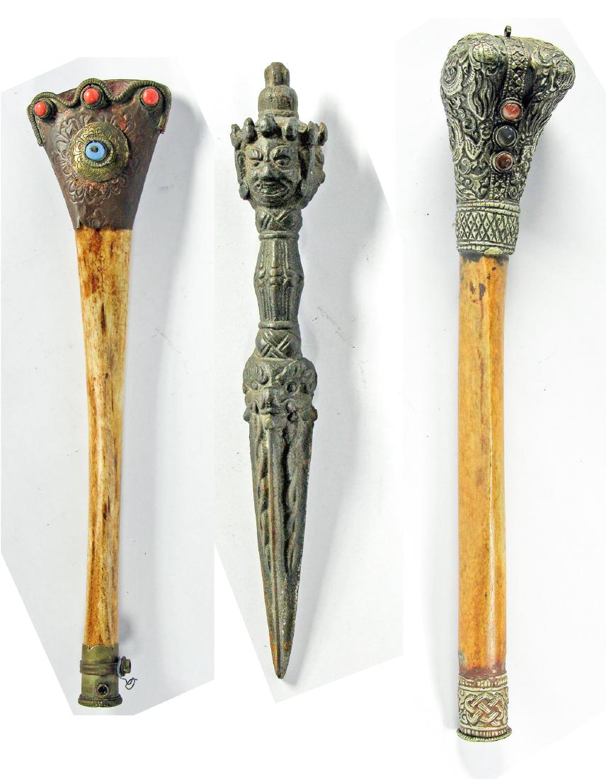 3 Fine Antique Ritual Items, Tibet: 3 Fine Antique Ritual Items, Tibet, including: 1) A 19th C. Bone Trumpet, Nepal or Tibet, 14" (36 cm) long. Bone, Brass, Glass Stones. 2) An 18th/19th C. 3-sided Ritual Dagger/Phurba, Tibet, iron. On 