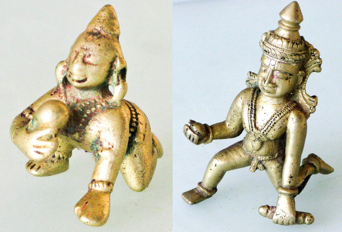 Two 19th C. Brass Baby Krishna Figures: Two 19th C. Brass Baby Krishna Figures, including a19th C. Brass Krishna Statue. Krishna as a baby with the butterball (Krishnabal), Karnataka, India. Size: 4.25" (11 cm) ht. And another 19th C. Brass