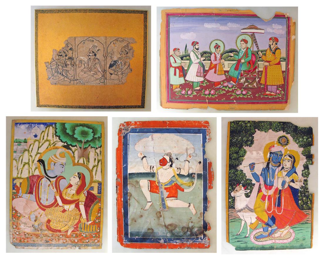 Group of 19th C. Indian Miniature Paintings: Group of 19th C. Indian Miniature Paintings, including: Indian Miniature Painting, Jaipur, Ca. 1860, ink and gouache on paper. Painting of Hanuman, the monkey god. Torn on one side, spots. Writing in 