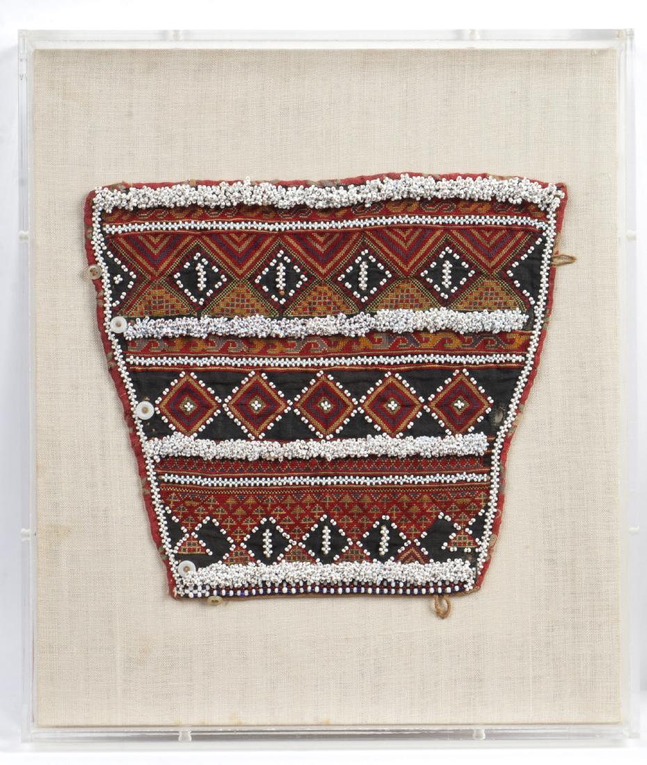Vintage Afghan Holster Cover: Vintage Afghan Holster Cover in plexiglass box frame. Size: 9.25'' x 10.5'', 23 x 27 cm (object); 15.5'' x 13.5'', 39 x 34 cm (frame).