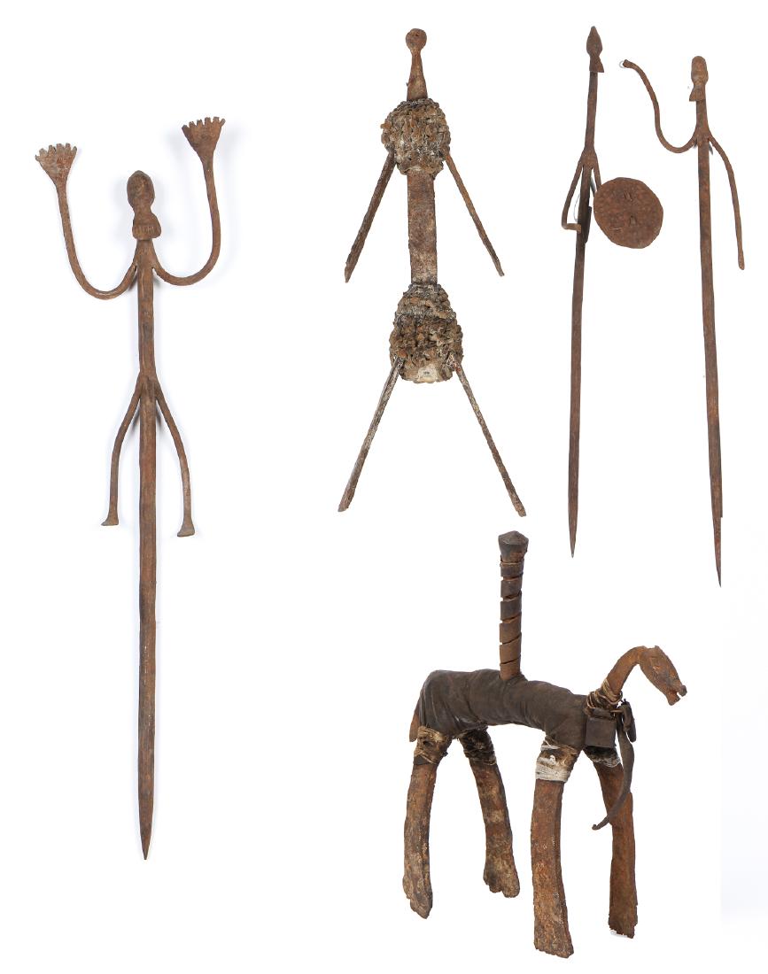 Old African Iron Currency & Metal Artifacts: Old African Iron Currency, including 1) African Shamba Iron Currency, Nigeria. Size: 34'' x 9.25'' x 2'' (86 x 23 x 5 cm). 2) Old African Iron Horse Rider, Nigeria/Cameroon. Size: 12.75'' x 12.5'' x 3
