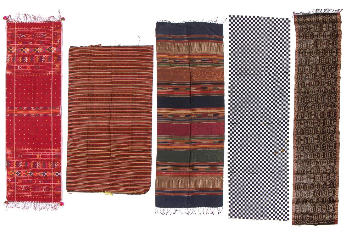 Ethnographic Textile Lot with Ikats: Ethnographic textile lot including old fiber ikat from Philippines, Balinese traditional black and white cotton checkered cloth, hand woven supplementary weft textile with beads, burgandy silk ikat te
