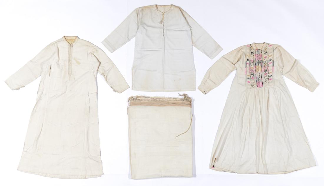 Ethnographic Textile Lot: Ethnographic textile lot including large hand woven Ethiopian white cotton shamma (shawl), antique off white cotton tunic with silk trim, antique white cotton caftan with silk embroidery and white cot