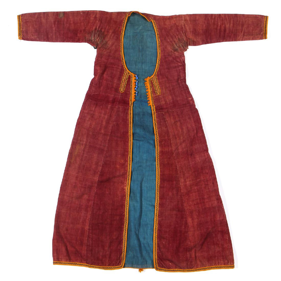 Antique Ethnographic Cloak: Antique Middle Eastern/North African Purple Cotton Cloak with cotton lining, natural dyes, metallic gold thread trim and blue buttons. Size: 50'' x 48'' (127 x 122 cm).