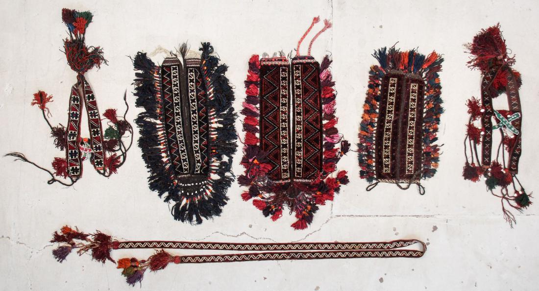 6 Vintage Central Asian Trappings: 6 Vintage Central Asian Trappings, Afghanistan. Largest Size: 3'4'' x 1'5'' (102 x 43 cm).