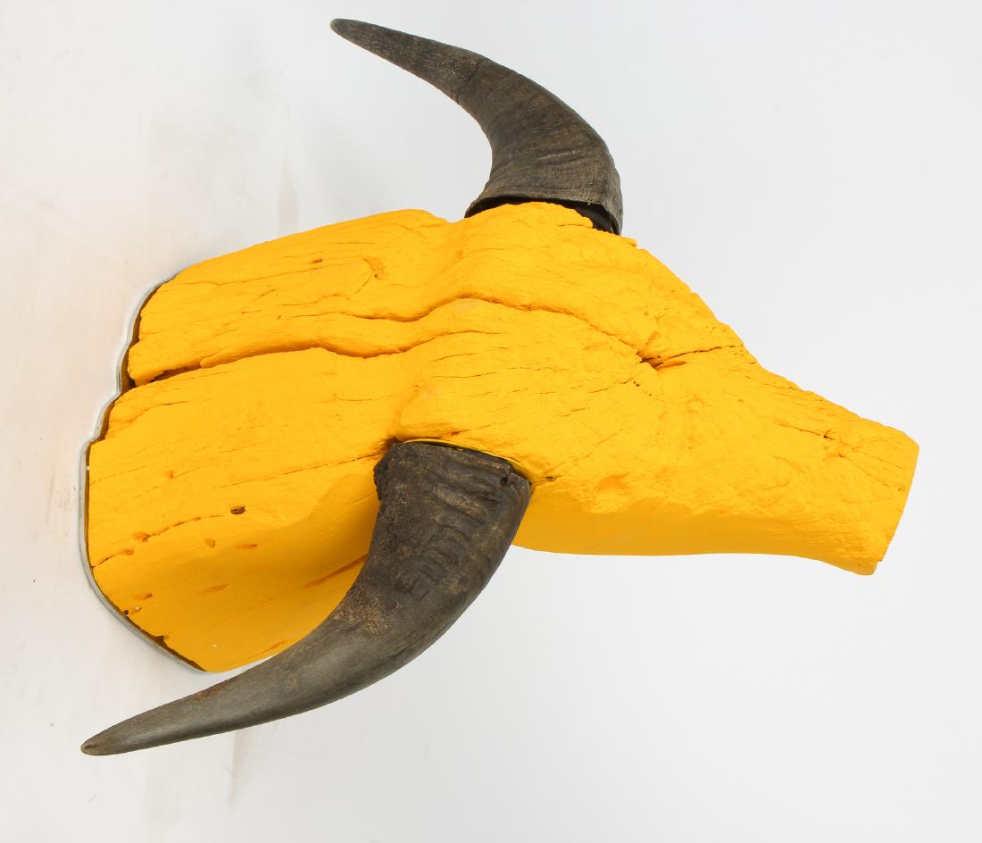 Indonesian Yellow Painted Water Buffalo Sculpture: Indonesian Yellow Painted Water Buffalo Sculpture. Size: 13.5'' x 27.75'' x 22'' (34 x 70 x 56 cm).