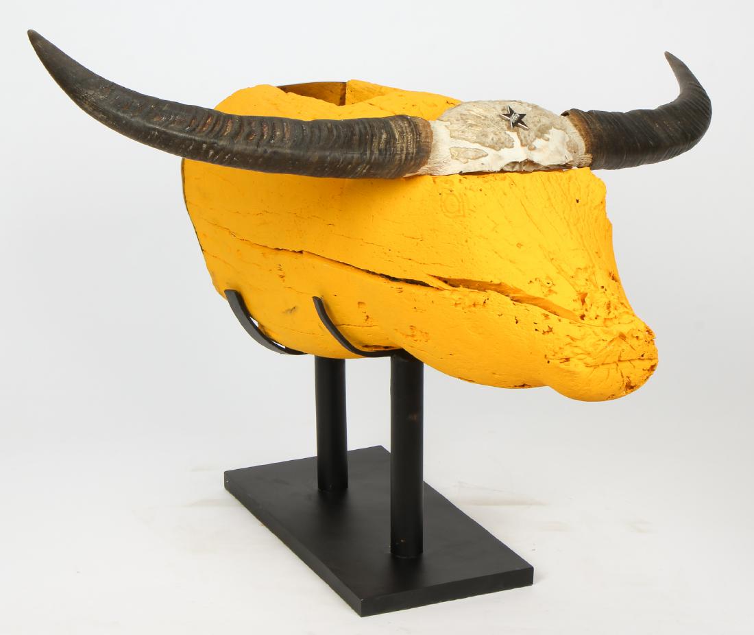 Indonesian Yellow Painted Water Buffalo Sculpture: Indonesian Yellow Painted Water Buffalo Sculpture. Object: 19.5'' x 39'' x 34'' (50 x 99 x 86 cm). Height on stand: 31" (79 cm).