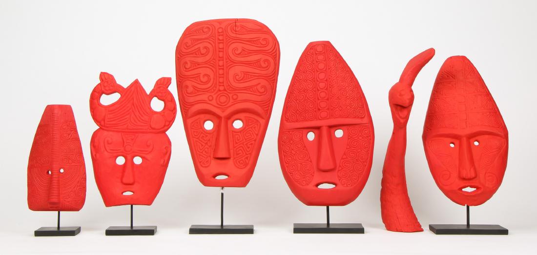 6 Brightly Painted Indonesian Tribal Masks: 6 Brightly Painted Indonesian Tribal Masks. Ranging in size from: 13'' x 7.25'' x 2.5'' (33 x 18 x 6 cm), height on stand: 16" (41 cm) to 21.75'' x 13.5'' x 1'' (55 x 34 x 3 cm), height on stand: 27" 