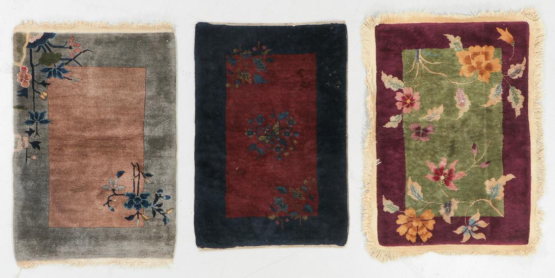 3 Art Deco Rugs, Early 20th C, China: 3 Art Deco Rugs, Early 20th C, China: 2'0'' x 2'11'' (61 x 89 cm). 17 lbs. Note on terms for estimating the age of an item: Antique (100+ years). Semi-Antique (50-100 years). Vintage (20-50 years). Mo