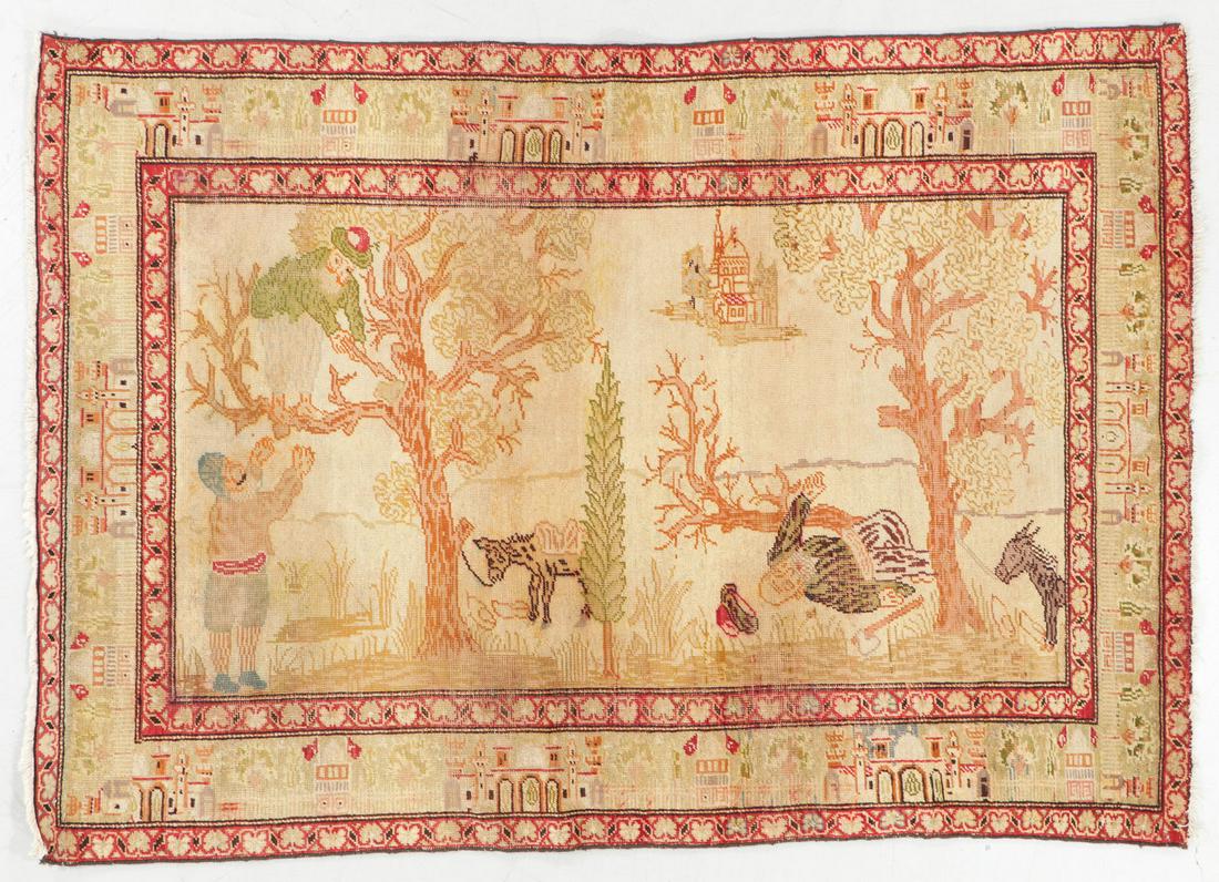 Antique Kayseri Pictorial Rug of Nasreddin Hodja,: Antique Kayseri Pictorial Rug of Nasreddin Hodja, Turkey: 4'2'' x 6'0'' (127 x 183 cm). 9 lbs. Note on terms for estimating the age of an item: Antique (100+ years). Semi-Antique (50-100 years). Vinta