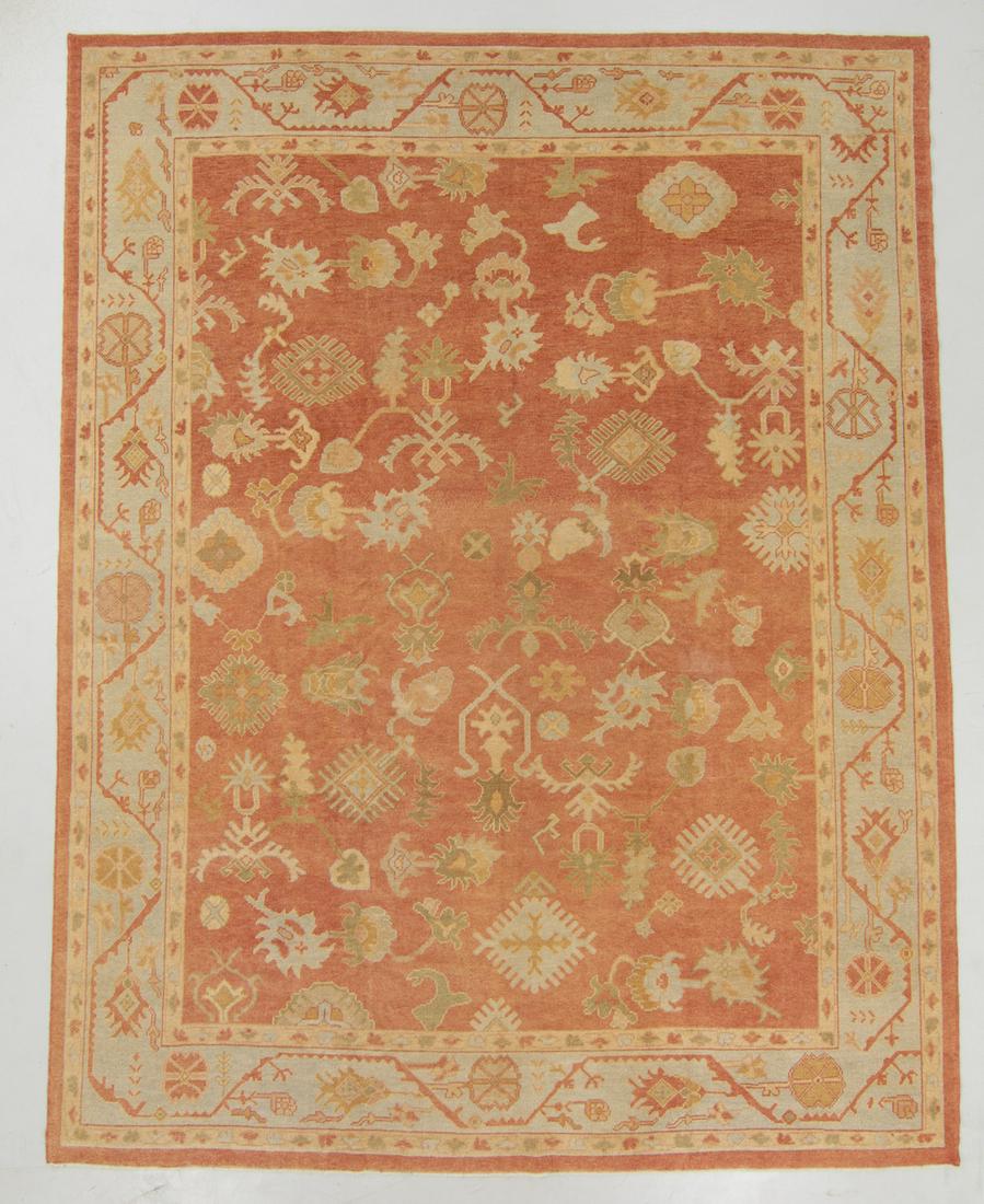 Vintage Oushak Rug, Turkey: 11'1'' x 14'2'': Vintage Oushak Rug, Turkey: 11'1'' x 14'2'' (338 x 432 cm). 100 lbs. Note on terms for estimating the age of an item: Antique (100+ years). Semi-Antique (50-100 years). Vintage (20-50 years). Modern (