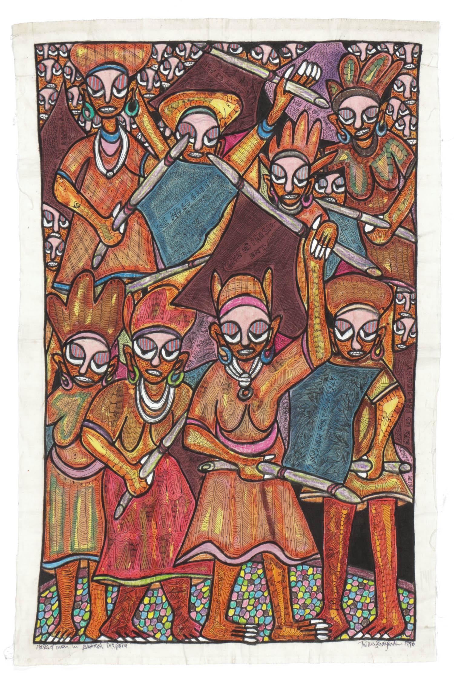 Prince Twins Seven Seven (Nigerian, 1944-2011) Painting: Prince Twins Seven Seven (Nigerian, 1944-2011)"Masked Men in Political Diaspora", 1990, ink, batik dye, watercolor, acrylic, and oil on cloth, signed. Size: 55.5'' x 32.5'' (141 x 83 cm).