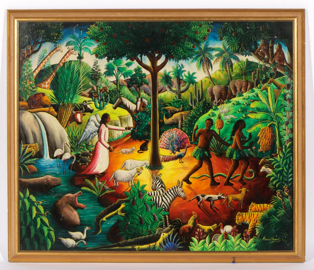 Andre Normil (Haitian, 1934-2014) Garden of Eden: Andre Normil (Haitian/Port-au-Prince, 1934-2014) "Garden of Eden," 1966, painting on board, signed and dated. Framed. Size: 29.5'' x 35'', 75 x 89 cm (sight); 32.5'' x 38'', 83 x 97 cm (frame).