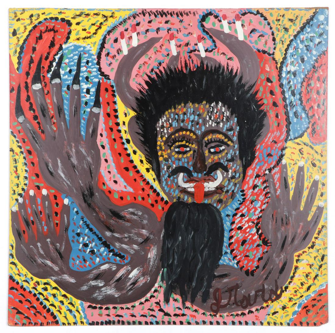 Gerard Fortune (Haitian, b. 1933) Painting: Gerard Fortune (Haitian/Petionville, b. 1933) Man with Horns, 1988, oil painting on Masonite, unframed. Size: 24'' x 24'', 61 x 61 cm (board).