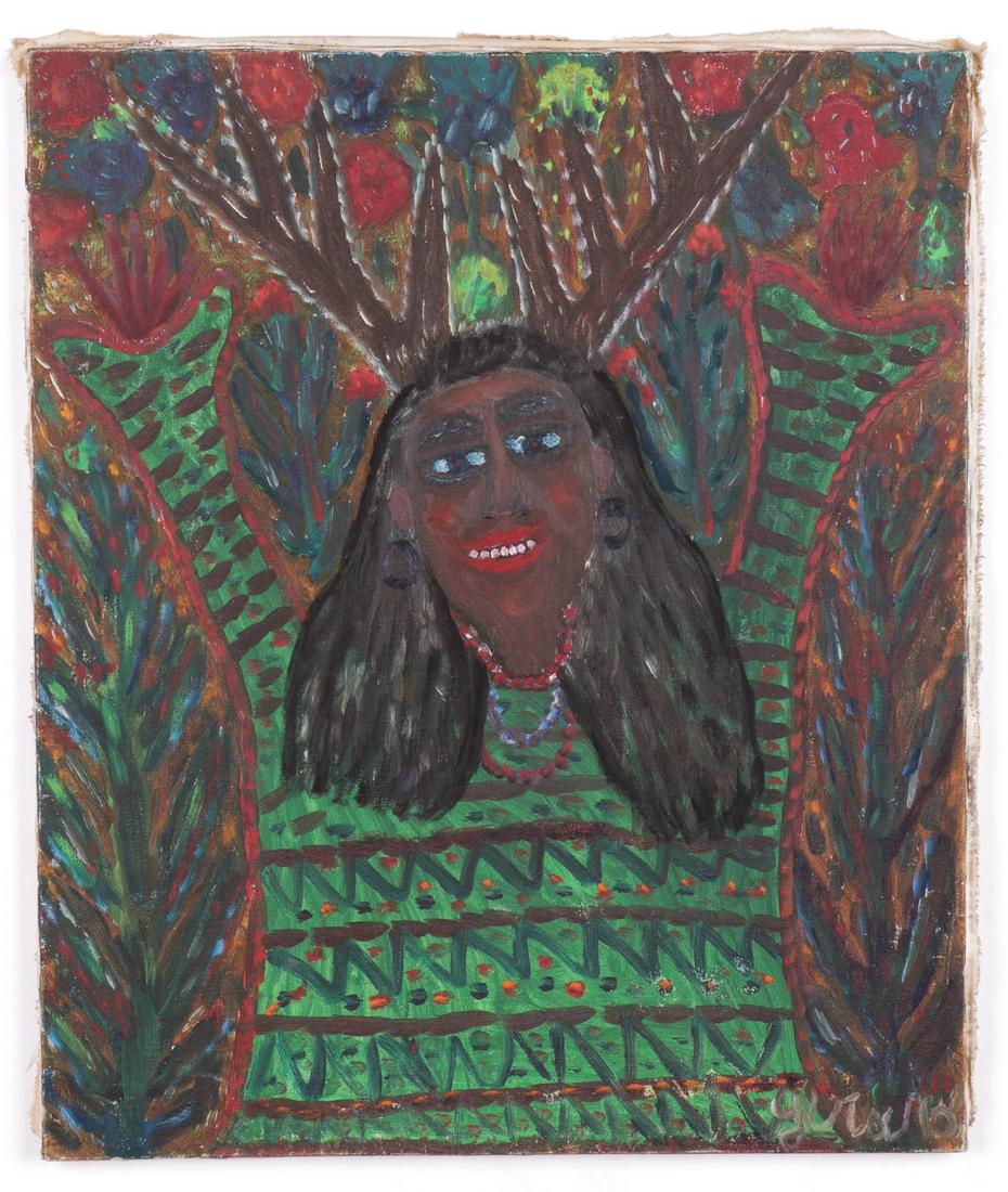 Gerard Fortune (Haitian, b. 1933) Woman: Gerard Fortune (Haitian/Petionville, b. 1933) Woman with Horns, c. 1980, oil painting on canvas, signed. Unframed. Size: 24'' x 20.5'', 61 x 52 cm (stretcher).