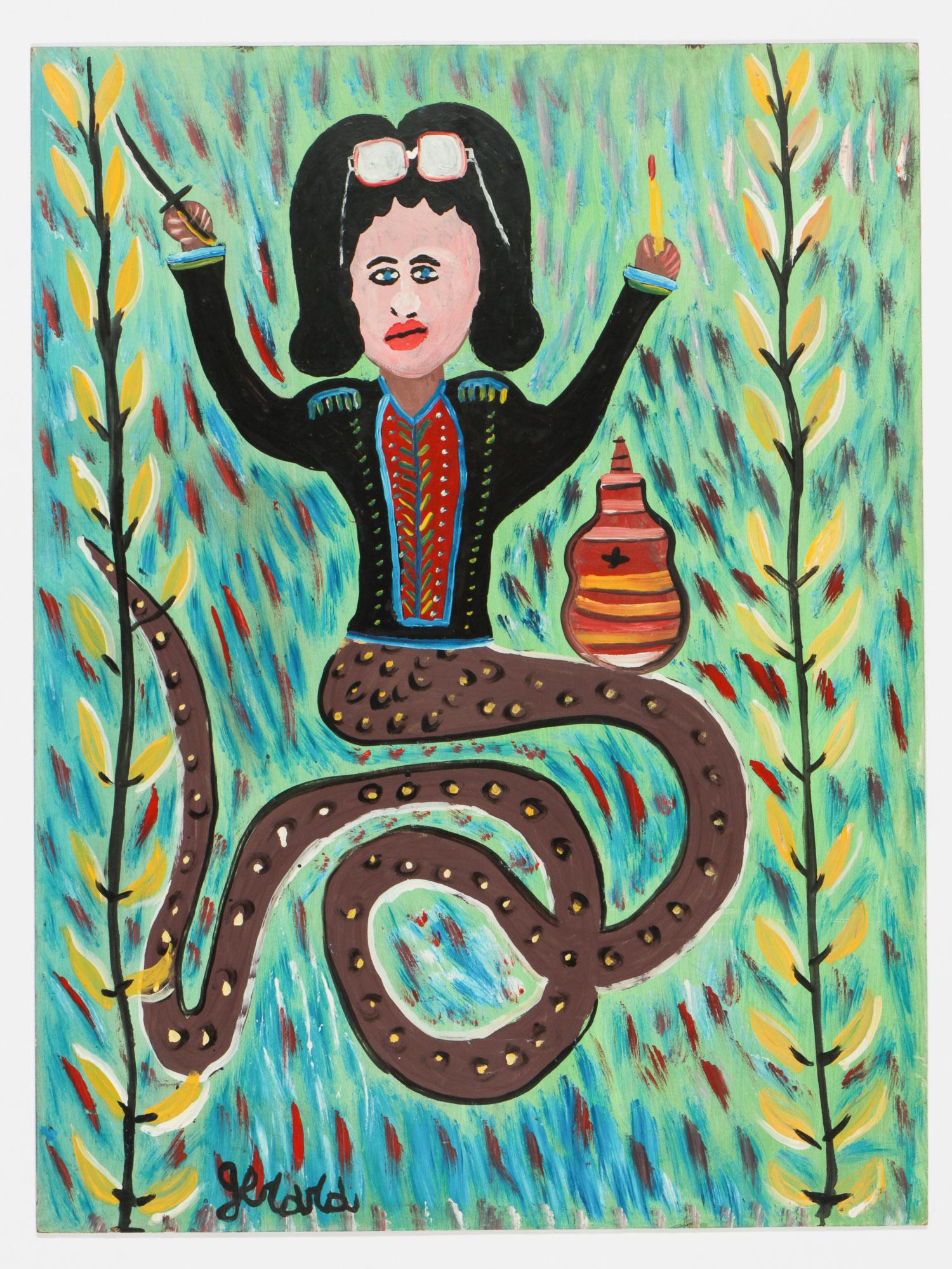 Gerard Fortune (Haitian, b. 1933) Painting: Gerard Fortune (Haitian/Petionville, b. 1933) "Dambala avec lunettes," 1981, oil painting on board, signed. Unframed. Size: 32'' x 24'', 81 x 61 cm (board).