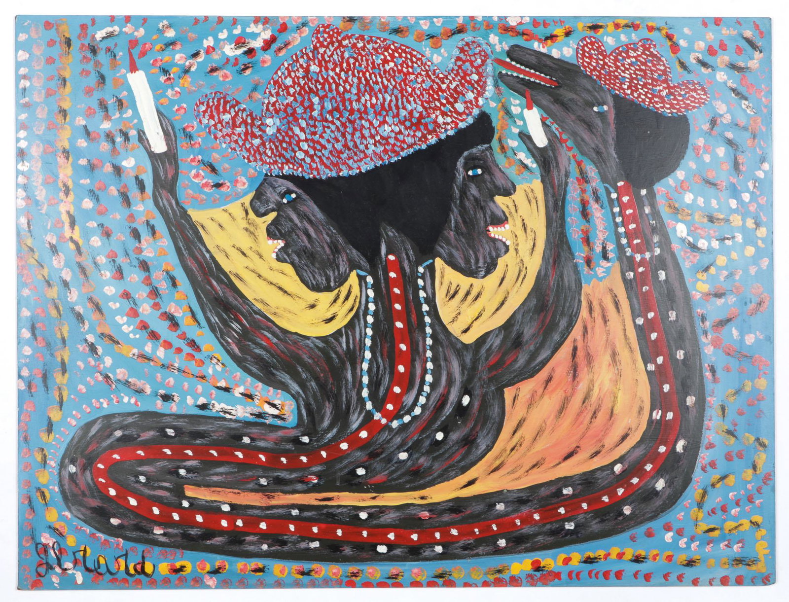 Gerard Fortune (Haitian, b. 1933) "Marassa," 1984: Gerard Fortune (Haitian/Petionville, b. 1933) "Marassa," 1984, Painting on board, signed. Unframed. Size: 24'' x 32'', 61 x 81 cm (board).