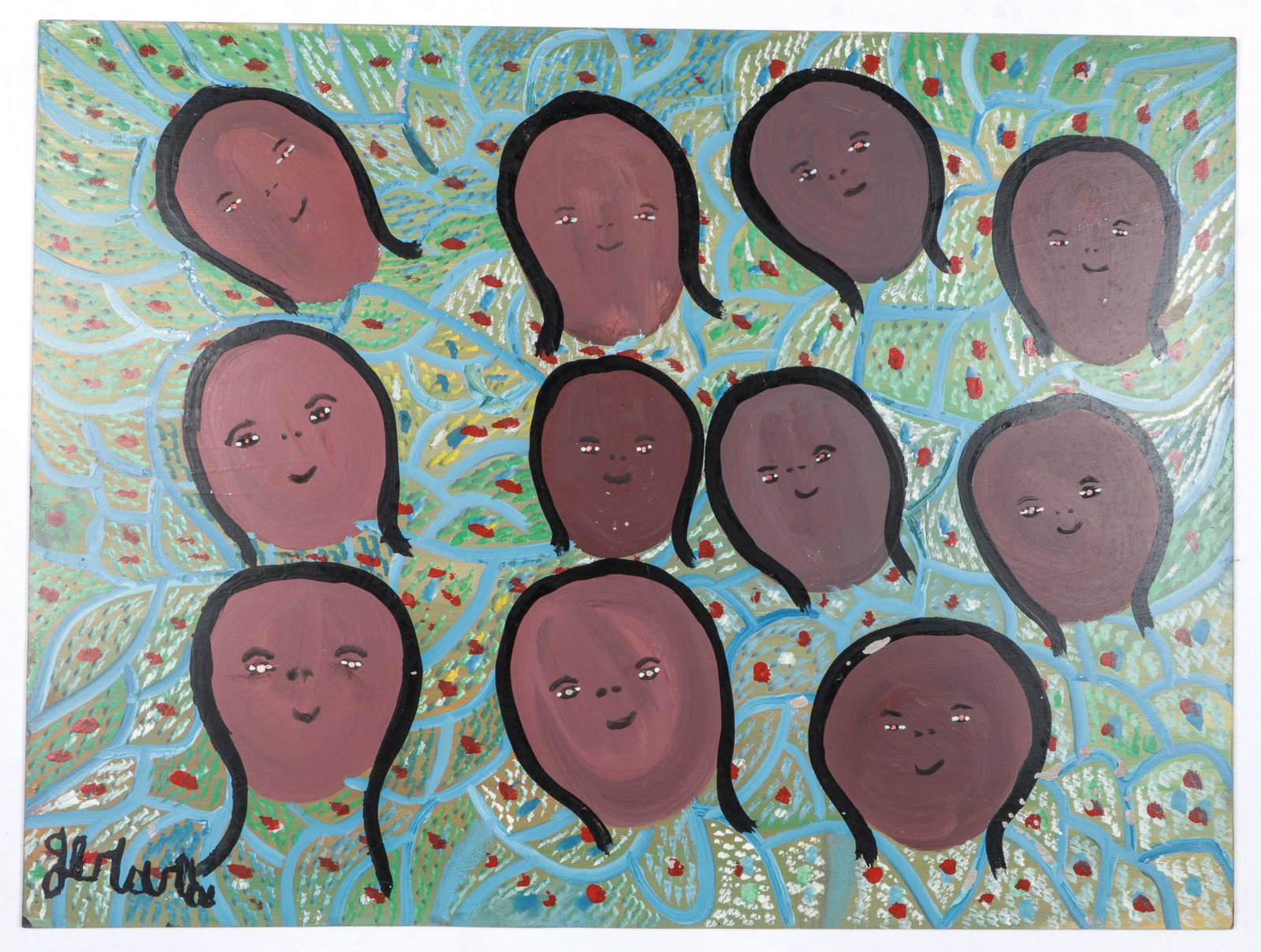 Gerard Fortune (Haitian, b. 1933) Painting: Gerard Fortune (Haitian/Petionville, b. 1933) Untitled (11 Heads), 1980/1981, oil painting on board, signed. Unframed. Size: 24'' x 32'', 61 x 81 cm (board).