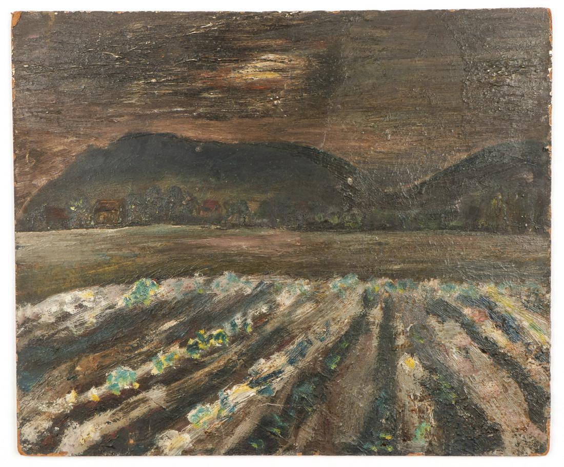 Jon Serl (1894-1993) "Tomato Patch": Jon Serl (American/California, 1894-1993) "Tomato Patch", c. 1960's, oil painting on board. Unframed. Size: 17'' x 14'', 43 x 36 cm (board).