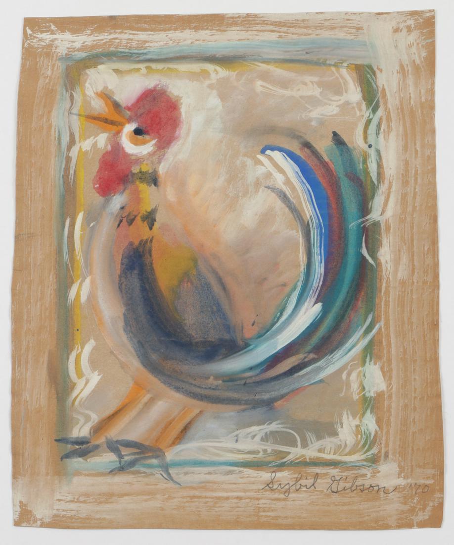 Sybil Gibson (1908-1995) "Rooster", 20" x 16": Sybil Gibson (American, 1908-1995) "Rooster,". Mixed Media Painting on paper, signed. Unframed. Size: 20" x 16", 51 x 41 cm. (sheet).