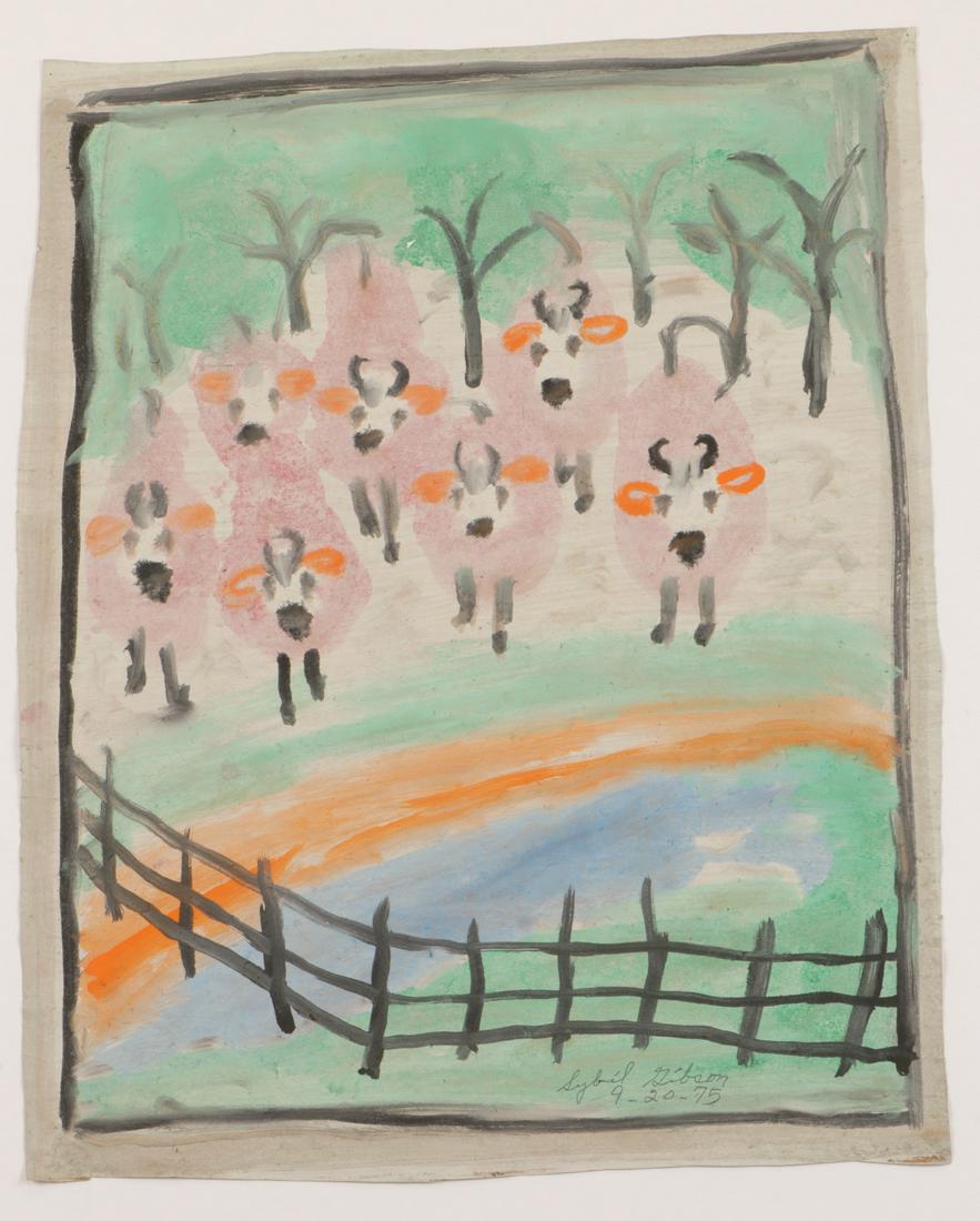 Sybil Gibson (1908-1995) "Survivors", 24.5'' x 19'': Sybil Gibson (American, 1908-1995) "Herd of Pink Cows,"1975, mixed media Painting on paper, signed and dated. Unframed. Size: 24.5'' x 19'', 62 x 48 cm. (sheet).
