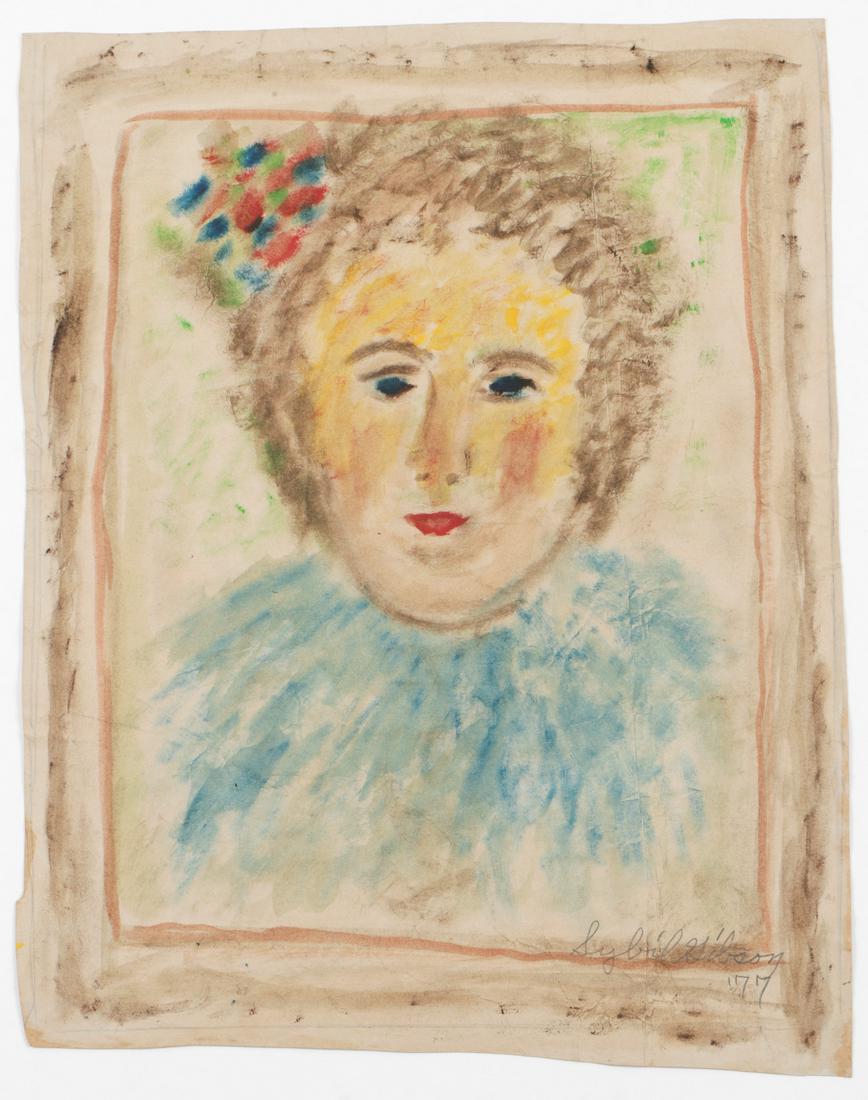 Sybil Gibson (1908-1995) "Portrait of a Woman", 21.5" x: Sybil Gibson (American, 1908-1995) "Portrait of a Woman," 1977, mixed media painting on paper, signed and dated. Unframed. Size: 21 1/2 x 17'', 55 x 43 cm. (sheet).